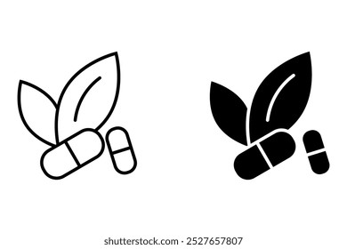 Icono de medicina herbaria con línea de estilo y negro. Ilustración vectorial sobre fondo blanco