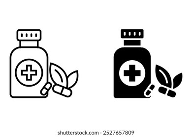 Icono de medicina herbaria con línea de estilo y negro. Ilustración vectorial sobre fondo blanco