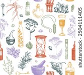 Herbal medicine ingredients background. Apothecary herbs seamless pattern. Alchemy, witchcraft hand-drawn vector illustrations.  NOT AI generated
