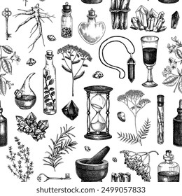 Herbal medicine ingredients background. Apothecary herbs seamless pattern. Alchemy hand-drawn vector illustrations. Vinatge texture NOT AI generated