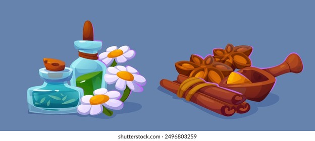 Conjunto de ingredientes de medicina herbaria aislado en el fondo. Ilustración de dibujos animados de Vector de flores de manzanilla, esencia de aceite en botellas de vidrio corchado, palos de canela, anís, polvo de jengibre para el cuidado de la belleza del spa