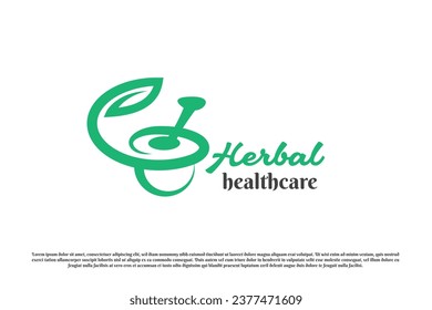 Ilustración del diseño del logo de la medicina herbaria. Silueta plana de mortero y almirez medicina médica tradicional alimento natural verde de hierbas cultivadas vitaminas nutrición. Icono geométrico minimalista moderno.