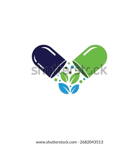 A herbal medicine logo featuring a capsule with leaves emerging, representing natural health and wellness. Perfect for branding related to alternative medicine and supplements.