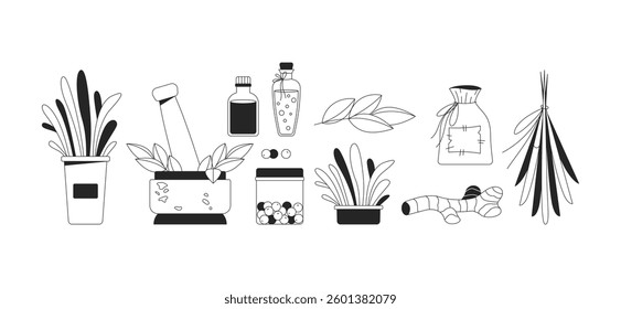 Herbal medicine and natural remedies 2D line objects set. Herbs, essential oils, mortar pestle, spices dried plants isolated cliparts vector ink outline items. Monochrome spot illustrations collection