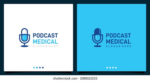 Herbal medicine pill capsule logo design with podcast microphone logo design template. Premium Vector