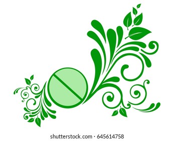 Herbal medicine. Pill and leaves isolated on white background. Medical icon. Vector Illustration