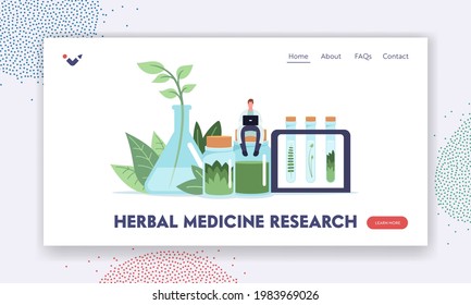 Herbal Medicine Research Landing Page Template. Tiny Doctor Male Character with Laptop Sitting on Huge Bottle with Green Leaves or Natural Ingredients for Remedy Creation. Cartoon Vector Illustration