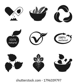 Herbal medicine set icons isolated on white. Stencil eco symbols. Vector stock illustration. EPS 10