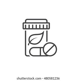 Herbal medicine symbol. Pill bottle with leaf line icon, outline vector logo illustration, linear pictogram isolated on white