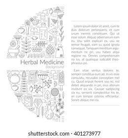 Herbal medicine- vector backdrop with place for your text  which created in modern line style. Black and white infographic template.
