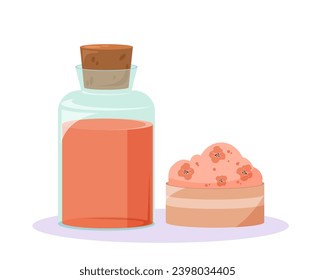 Concepto vectorial de la medicina herbaria. Botellas de vidrio con líquido médico rojo. Atención y tratamiento de la salud. Afiche o pancarta. Dibujo vectorial plano de dibujos animados aislado en fondo blanco