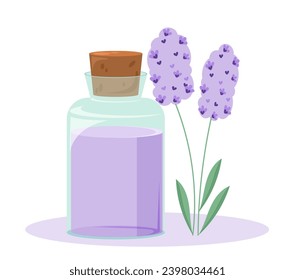 Concepto vectorial de la medicina herbaria. Botellas de vidrio con líquido médico violeta. Atención y tratamiento de la salud. Etiqueta de los medios sociales. Dibujo vectorial plano de dibujos animados aislado en fondo blanco