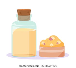 Concepto vectorial de la medicina herbaria. Botellas de vidrio con líquido médico amarillo. Atención y tratamiento de la salud. Plantilla y diseño. Dibujo vectorial plano de dibujos animados aislado en fondo blanco