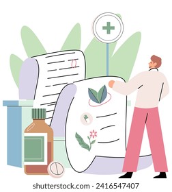 Ilustración vectorial de la medicina vegetal. La medicina herbaria es un legado transmitido, secretos de salud en el pecho del tesoro El concepto de medicina herbaria es el coser de colcha juntando parches de bienestar