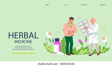 Herbal medicine website template with pharmacist or alternative medicine doctor offering herbal medications to patient. Alternative herbs medicine and natural pharmaceutical production.