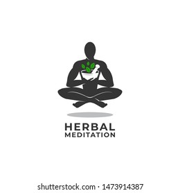 Herbal Meditation Logo Vector Icon Ilustration, Humans Embrace Herbal Medicine in a Meditative Position