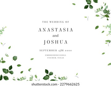 Herbal minimalist vector banner. Hand painted plants, branches, leaves on a white background. Greenery wedding simple horizontal template. Watercolor style card. All elements are isolated and editable