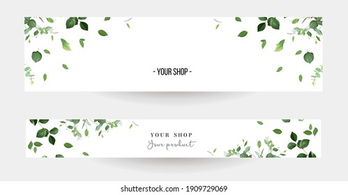 Herbal minimalist vector banners. Hand painted plants, branches, leaves on a white background. Greenery wedding simple horizontal template. Watercolor style card.All elements are isolated and editable