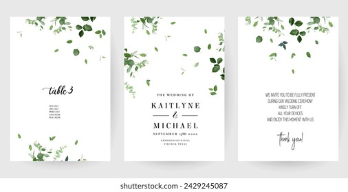 Herbal minimalist vector banners. Hand painted plants, branches, leaves on a white backgrounds. Greenery wedding simple templates. Watercolor style cards. All elements are isolated and editable