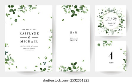 Bandeiras vetoriais minimalistas de ervas. Plantas pintadas à mão, ramos, folhas em um fundo branco. Modelos simples de casamento verde. Cartões estilo aquarela. Todos os elementos são isolados e editáveis