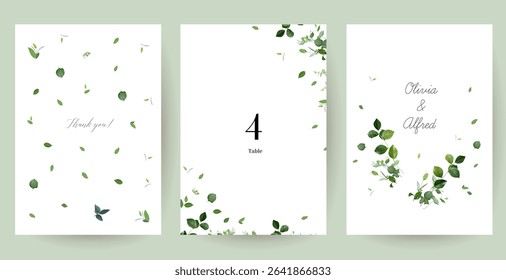Herbal minimalist vector banners. Hand painted plants, branches, leaves on a white backgrounds. Greenery wedding simple templates. Watercolor style cards. All elements are isolated and editable