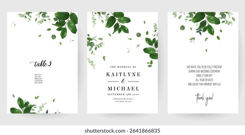 Herbal minimalist vector banners. Hand painted plants, branches, leaves on a white backgrounds. Greenery wedding simple templates. Watercolor style cards. All elements are isolated and editable