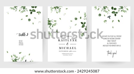 Herbal minimalist vector banners. Hand painted plants, branches, leaves on a white backgrounds. Greenery wedding simple templates. Watercolor style cards. All elements are isolated and editable