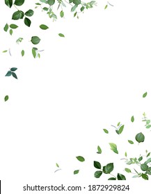 Herbal minimalist vector frame. Hand painted plants, branches, leaves on a white background. Greenery wedding simple invitation template. Watercolor style card. All elements are isolated and editable