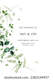 Herbal minimalist vector frame. Hand painted plants, branches, leaves on a white background. Greenery wedding simple invitation template. Watercolor style card. All elements are isolated and editable