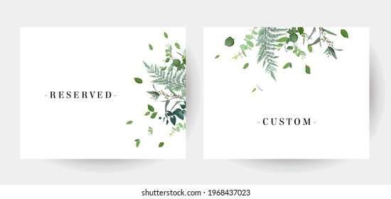 Herbal minimalist vector frames. Hand painted plants, branches, leaves on a white background. Greenery wedding simple invitation template. Watercolor style card. All elements are isolated and editable