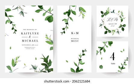 Herbal minimalist vector frames. Hand painted branches, leaves on white background. Greenery wedding simple invitations. Watercolor stylish botanic cards. All elements are isolated and editable