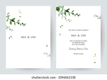 Herbal minimalist vector frames. Hand painted branches, leaves on white background. Greenery wedding simple invitations. Watercolor stylish botanic cards. All elements are isolated and editable