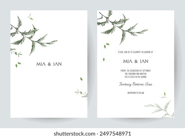Herbal minimalist vector frames. Hand painted branches, leaves on white background. Greenery wedding simple invitations. Watercolor stylish botanic cards. All elements are isolated and editable