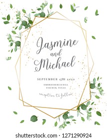 Herbal minimalistic polygonal vector frame.Hand painted plants, branches, leaves on white background.Greenery wedding invitation. Watercolor style.Gold line art.All elements are isolated and editable