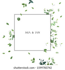 Herbal minimalistic square vector frame.Hand painted plants, branches, green leaves on white background. Greenery simple wedding invitation. Watercolor style. All elements are isolated and editable