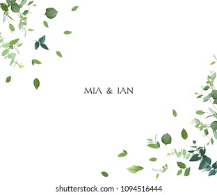 Herbal minimalistic vector frame. Hand painted plants, branches, leaves on white background. Greenery wedding invitation. Watercolor style. Natural card design. All elements are isolated and editable.