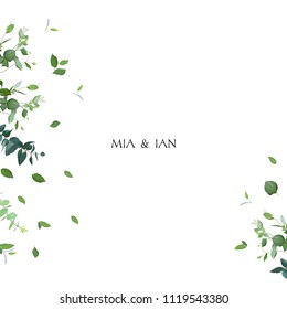 Herbal minimalistic vector frame. Hand painted plants, branches, leaves on white background. Greenery wedding invitation. Watercolor style. Natural card design. All elements are isolated and editable.