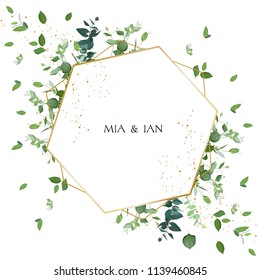 Herbal minimalistic vector frame. Hand painted plants, branches, leaves on white background. Greenery wedding invitation. Watercolor style. Gold line art. All elements are isolated and editable