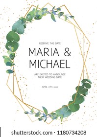 Herbal minimalistic vector frame. Hand painted plants, branches, leaves on white background. Greenery wedding invitation. Watercolor style. Gold line art. All elements are isolated and editable