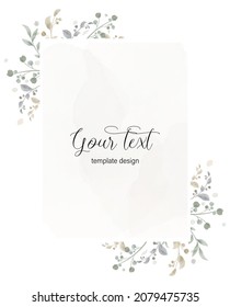Herbal minimalistic vector frame. Hand painted plants, branches, leaves on a white background. Wedding invitation. Watercolor style. Natural card design.