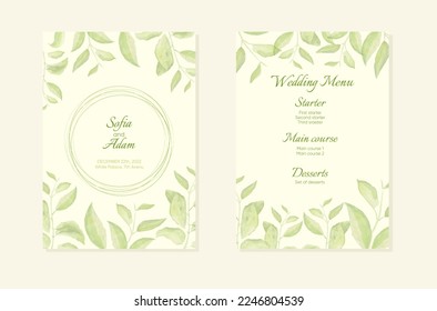 Herbal minimalistic vector frame. Hand painted branches on white background. Greenery wedding invitation. Watercolor style. Natural card design.