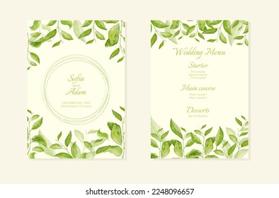 Marco vectorial herbal minimalista. Ramas pintadas a mano sobre fondo blanco. Invitación a una boda verde. Estilo acuarela. Diseño natural de tarjetas.