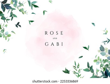 Herbal minimalistic vector frame. Hand painted plants, branches, leaves on white background. Greenery wedding invitation. Watercolor style. Natural card design. All elements are isolated and editable.