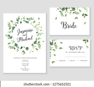 Herbal minimalistic vector frames. Hand painted plants, branches, leaves on white background. Greenery wedding simple invitation. Watercolor style cards. All elements are isolated and editable