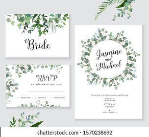 Herbal minimalistic vector frames. Hand painted eucalyptus, branches, leaves on white background. Greenery wedding simple invitation. Watercolor style cards. All elements are isolated and editable 