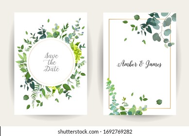 Herbal minimalistic vector frames. Hand painted eucalyptus, branches, leaves on white background. Greenery wedding simple invitation. Watercolor style cards. All elements are isolated and editable