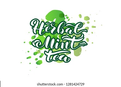 HERBAL MINT TEA lettering typography poster. Watercolor splash background. Logotype, advertising, package design. Icon, badge, label. Vector illustration.