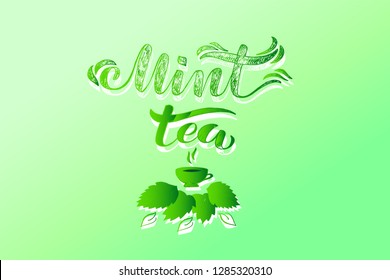 HERBAL MINT TEA lettering typography poster. Logotype, advertising, package design. Vector illustration with mint color background. Tea leaves,  cup of tea. Icon, badge, label. 