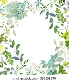 Herbal mix square vector frame. Hand painted plants, branches, leaves, succulents and flowers on white background. Echeveria, eucalyptus, green hygrangea, brunia. Natural card design.