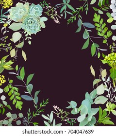 Herbal mix square vector frame. Hand painted plants, branches, leaves, succulents and flowers on black background. Echeveria, eucalyptus, green hydrangea, brunia. Natural card design.
